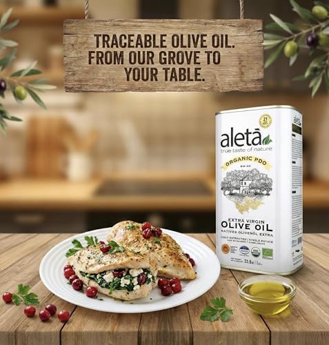 Aleta, USDA Organic Greek Extra Virgin Olive Oil, EU Certified Single Estate PDO Greece, 1 Lt (33.8 oz.) Tin, Kosher EK, Pack of 1