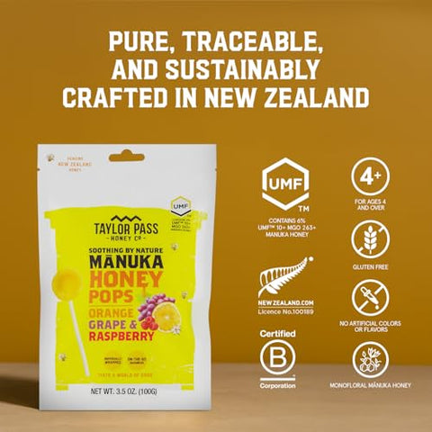Taylor Pass Honey Co MÃ„Ânuka Honey Pops UMFÃ¢â€žÂ¢ 10+ | Manuka On-the-Go Lollipops for Kids & Adults | Sore Throat & Immune Support | 13 Individually Wrapped | Orange, Grape, Raspberry | Made in New Zealand