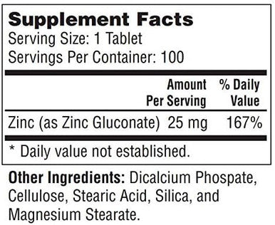 Zinc (As Zinc Gluconate) 25 Mg, 100 Mini Size Easy To Swallow Tablets ÃƒÂ¢Ã¢â€šÂ¬Ã¢â‚¬Å“ Immune Support, Essential Mineral Antioxidant, Healthy Living, Gluten Free, Cgmp Compliant, Made In Usa