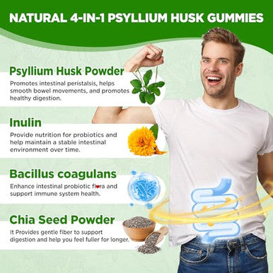 Natisland Psyllium Husk Gummies 1500Mg Psyllium Husk Fiber Supplement With Probiotics Inulin Chia Seed Powder For Gut & Digestive Health Regularity Vegan Sugar Free 60 Chewable
