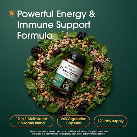 NatureBell Methylated B Complex Vitamins 240 Vegetarian Capsules High Bioavailability 12in1 Formula for Immune Health and Energy Support* NonGMO and GlutenFree