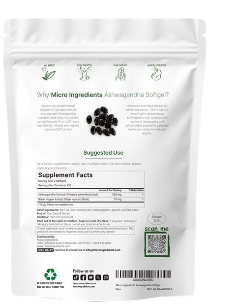 Micro Ingredients Ashwagandha Supplements 300 Coconut Mct Oil Softgels With Black Pepper For Better Absorption Potent Root Extract Non-Gmo