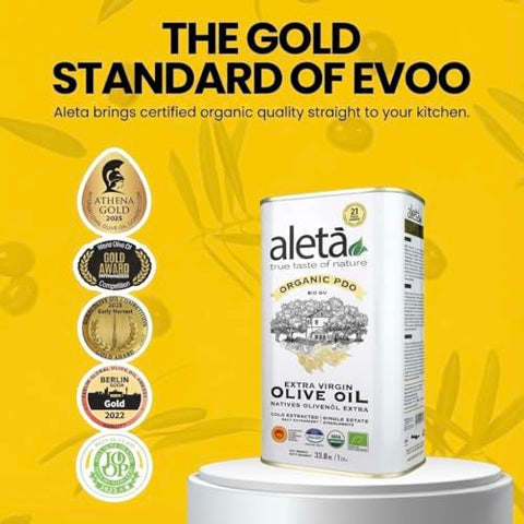 Aleta, USDA Organic Greek Extra Virgin Olive Oil, EU Certified Single Estate PDO Greece, 1 Lt (33.8 oz.) Tin, Kosher EK, Pack of 1