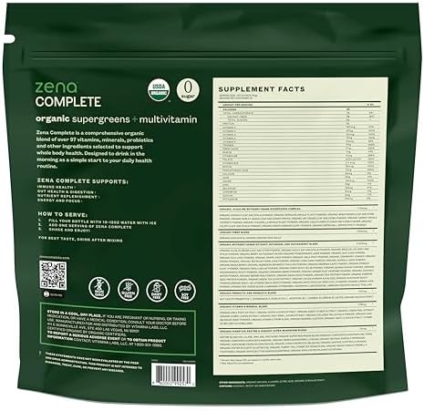 Zena Complete Organic Super Greens Powder and Multivitamin 90+ Supergreens Fruits Veggies Pre and Probiotics Watermelon Citrus Flavor 30 Packets + Water Bottle