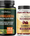 Smnutrition Mushroom Gummies & Ashwagandha With Black Pepper Herbal Adaptogen Bundle With 10 Mushroom Complex (30 Servings) And Ashwagandha Capsules (60 Servings)