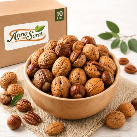 Anna and Sarah Premium Kosher Mixed Nuts in Shell Box, NO BRAZIL NUT 10 Lbs | 160 Oz Bulk, Jumbo Walnuts, Extra Large Pecans, Almonds, Large Oregon Hazelnuts, Fresh