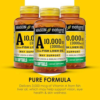 Mason Natural Vitamin A 3000 Mcg (10000 Iu) From Fish Liver Oil Supports Vision & Immune Health 100 Softgels Pack Of 3