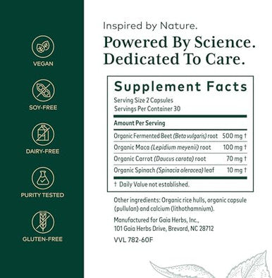 Gaia Herbs Pro Fermented Beet & Maca Healthy Energy & Circulation Support Supplement Kidney Health Supplement With Beet & Carrot Root Vegan Gluten Soy 60 Capsules (30 Servings)
