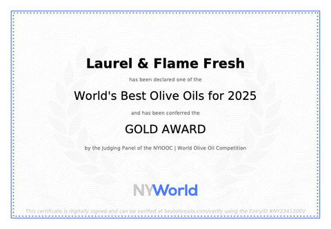 Laurel & Flame Fresh - Extra Virgin Olive Oil - "Best Greek Olive Oil" Award - Cold Pressed - Polyphenol Rich (1,212 MG/KG) - USDA-Organic - 90X Hydroxytyrosol Polyphenols - Early Harvest - Single Origin - Rare Local Olive Variety - 500 ml (16.9 fl oz)