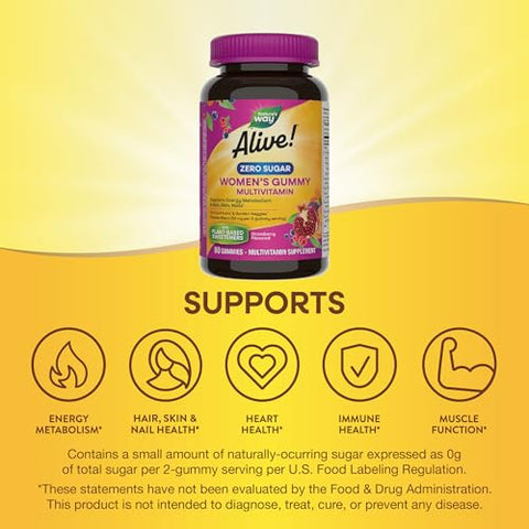 Nature'S Way Alive Zero Sugar Women'S Gummy Multivitamins Energy Metabolism Hair Skin Nails B-Vitamins No Sugar Alcohols Plant-Based Sweeteners Strawberry Flavored 80 Gummies