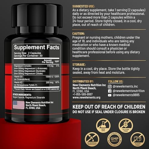 Elements Magnesium Complex L-Threonate Glycinate Citrate With Vitamin D3 10000 Iu & K2 Mk-7 Brain Bone & Immune Support 60 Vegan Capsules High Absorption Non-Gmo