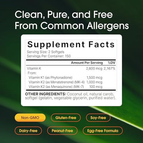 NatureBell Vitamin K Complex 300 Softgels Delivers 2600mcg Vitamin K Full Spectrum Bone and Heart Health Support Supplement High Absorption K1 and K2 MK4 and MK7*