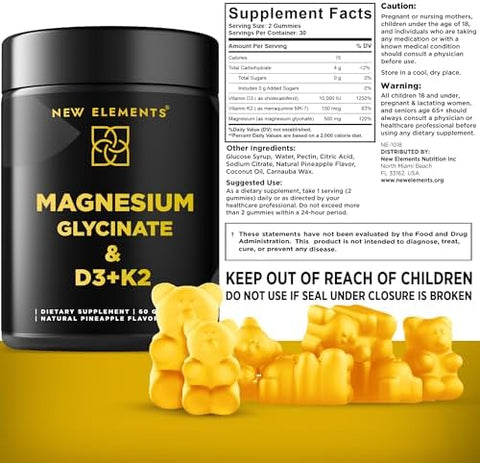 Elements Calm Magnesium Glycinate Gummies 500Mg With High-Potency Vitamin D3 10000Iu & Vitamin K2 100Mcg Stress Relief Relaxation & Bone Support For Adults Vegan Non-Gmo Gluten- Pineapple Flavor