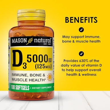 Mason Natural Vitamin D3 125 Mcg (5000 Iu) Supports Bone Muscle & Immune Health From Fish Liver Oil 50 Softgels Pack Of 3