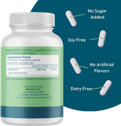 Bestvite Vitamin B-6 200mg (120 Vegetarian Capsules) - No Stearates - No Flow Agents - Vegan - Non GMO - Gluten