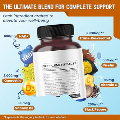 Nad+ Resveratrol 6,000Mg Quercetin 2000Mg Fisetin Black Pepper Healthy Aging Support Energy Levels Support 120-Day Supply Made In The Usa
