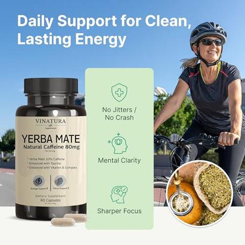 Vinatura Yerba Mate 1400Mg - Magic Natural Caffeine & Energy Supplements Usa Made & Tested High Potency Enhanced With Taurine And Vitamin B Complex 60 Capsules