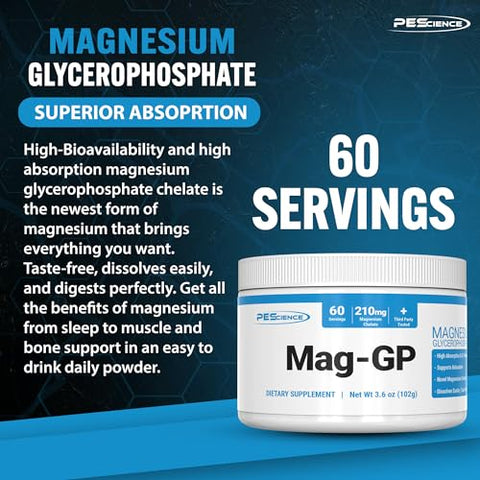 PEScience MagGP Magnesium Glycerophosphate Chelate Powder High Absorption Improved Sleep Calming Stress Relief and Cramp Support for Men and Women 60 Servings