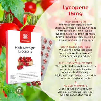 Healthspan Lycopene 15mg (2 Months Supply) | Natural Source Lycopene with Vitamin E | Rich in Tomato Phytonutrients | Non-GMO Tomatoes | Vegan