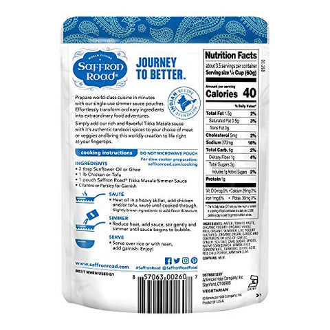 Saffron Road Simmer Sauce Tikka Masala and Coconut Curry - Non-GMO, Gluten-Free, Halal, Kosher, Vegan (7 Ounce (Pack of 8))