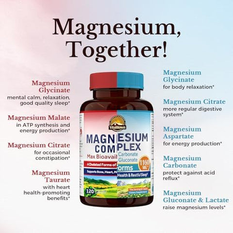 Vitalitown Magnesium Bundle (Pack Of 2) 4-In-1 & 6-In-1 Magnesium Complex For Bone & Muscle Magnesium Glycinate Magnesium Citrate 120 Magnesium Capsules