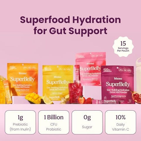 Blume Superbelly Gut Health & Hydration Drink Mix â€“ Variety Pack (Strawberry Hibiscus AÃ§aÃ­ Pomegranate Mango Passion Fruit Lemon Ginger) â€“ Probiotics Acv Vitamin C â€“ 60 Packets