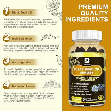 Black Seed Oil & Sea Moss Gummies, Organic Irish Sea Moss Gummies With Ashwagandha, Black Seed Oil, Elderberry, Turmeric, Vitamin D3/C And Zinc - Immune Support, Joints, Digestion, Hair & Skin