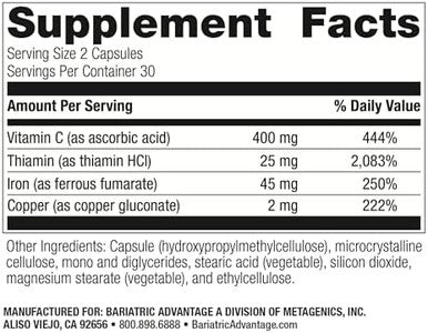 Bariatric Advantage Iron 45 Mg With Vitamin C Thiamin And Copper For Increased Absorption And Utilization Easily Digestible For Gastric Bypass And Sleeve Gastrectomy Surgery Patients 60 Count