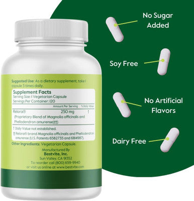 Bestvite Relora 250mg (120 Vegetarian Capsules) - Clinically Researched -No Fillers - No Stearates - No Flow Agents - Vegan - Non GMO - Gluten