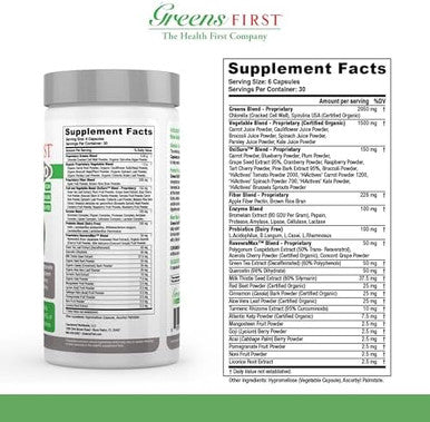 Greens First Pro Phytonutrient Capsules 30 Servings 54 Antioxidant Superfoods Organic Fruits & Vegetables Prebiotics Probiotics & Digestive Enzymes Dairy & Wheat Nongmo 180 Capsules