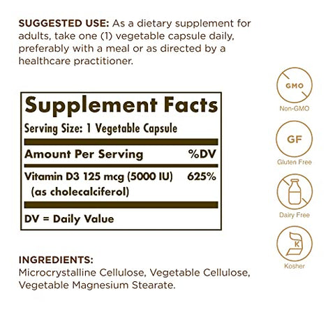 Solgar Vitamin D3 (Cholecalciferol) 125 Mcg (5000 Iu) 60 Vegetable Capsules - Helps Maintain Healthy Bones & Teeth - Immune System Support - Non-Gmo Gluten Free Dairy Free 60 Servings