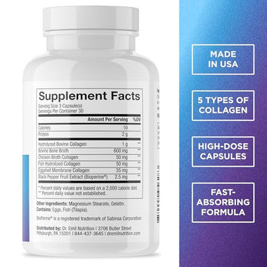 Dr. Emil Nutrition Multi Collagen - Hydrolyzed Collagen Supplement - Types I Ii Iii V & X - Hair Skin Nails & Joint Support - Non-Gmo & Gluten-Free 90 Capsules