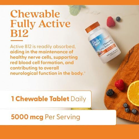 DoctorS Best Chewable Vitamin B12 Methylcobalamin For Men and Women Vitamin B 12 5000 Mcg Vit B12 Supplement Vegan Gluten Non Gmo Fully Active Mixed Berries Flavor 60 Tablets