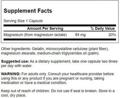 Swanson Magnesium Lactate - Mineral Supplement Promoting Muscle and Bone Health Support - Lactose- Lactate Mineral Form for Gentle Absorption - (120 Capsules 84mg Each)