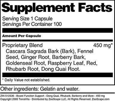 Terravita Bowel Function Support - Dong Quai, Rhubarb, Barberry And More - 450 Mg (100 Capsules, Zin: 512536)