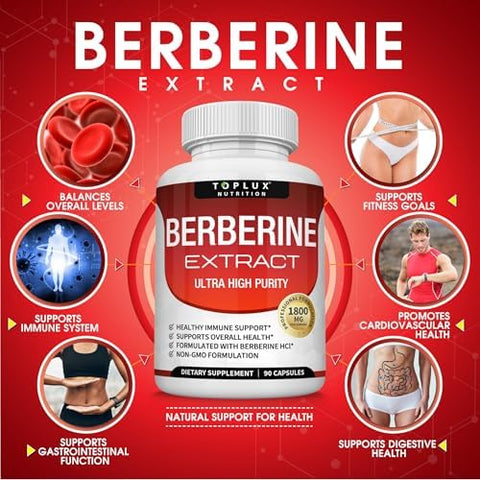 Toplux Berberine Supplement 1800Mg Berberine Hcl 97% Tested Ultra High Purity Premium Berberine Extract To Support Overall Health High Potency Berberine Plus Nongmo Vegan Men Women 90 Capsules