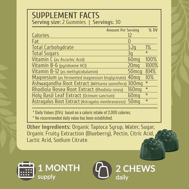 Herbamama Adrenal Support Gummies - Pure Adrenal Complex Supplement For Women With Ashwagandha Root Rhodiola Rosea & Magnesium - Vegan Non-Gmo - 60 Pectin-Based Blueberry-Flavored Chews