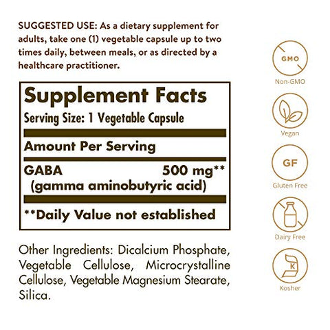 Solgar Gaba 500 Mg 100 Vegetable Capsules - Relaxation & Nervous System Support - Amino Acid - Non-Gmo Vegan Gluten Free Dairy Free Kosher 100 Servings