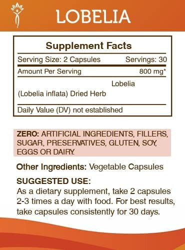 Secrets of the Tribe Lobelia 60 Capsules, 800 mg, Responsibly farmed Lobelia (Lobelia Inflata) Dried Herb (60 Capsules)