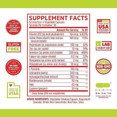 Zhou Thyroid Support Complex With Iodine Supplement, Increase Energy, Fight Brain Fog With Vitamin B12, Iodine, Magnesium, Zinc, Selenium, No Soy, Gluten-Free, 30 Servings, 60 Caps