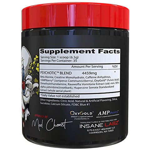 Insane Labz Psychotic High Stimulant Pre Workout Powder Extreme Lasting Energy Focus And Endurance With Beta Alanine Creatine Monohydrate Dmae 35 Srvgs (Blue Raspberry)