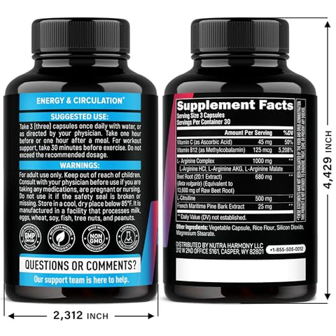 Nutraharmony Nitric Oxide Supplement For Men & Women 2250 Mg - Nitric Oxide Booster - Pine Bark L-Arginine L-Citrulline Beet Root Vitamin C & B12 - Muscles Energy & Circulation - Made In Usa 90 Capsules