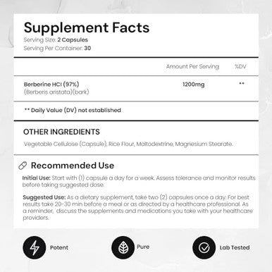 Aceworkz Organic Berberine Hcl Supplement 1200Mg - Supports Healthy Blood Sugar Levels And Metabolism - Bioperine Enhanced Absorption (60 Capsules)
