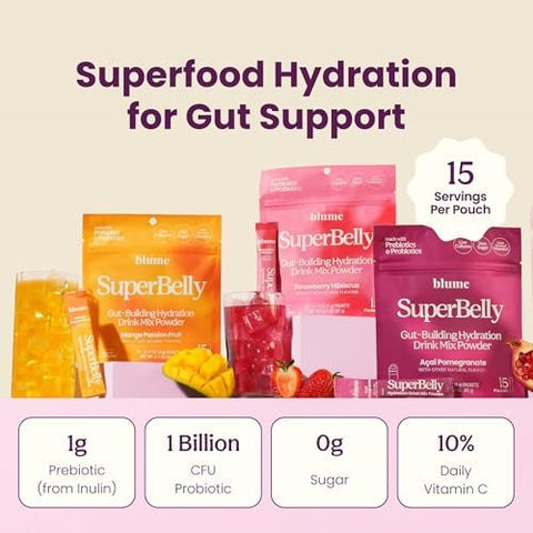 Blume Superbelly Gut Health & Hydration Drink Mix â€“ Variety Pack (Strawberry Hibiscus AÃ§aÃ­ Pomegranate Mango Passion Fruit) â€“ Probiotics Acv Vitamin C â€“ 45 Packets