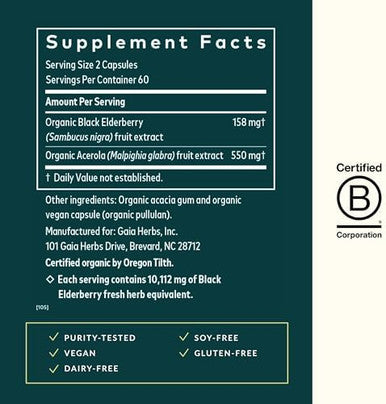 Gaia Herbs Black Elderberry Daily Immune Support Supplement To Help Maintain Wellbeing With Black Elderberries And Acerola Fruit For Antioxidant Support 120 Vegan Capsules (60Day Supply)