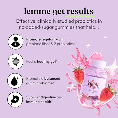 Lemme Fiber & Probiotic Gummies For Adults Promotes Regularity & Digestive Health No Sugar Added Strawberry Flavor 4G Prebiotic Fiber & Clinically Studied Probiotic Strains (60 Count)