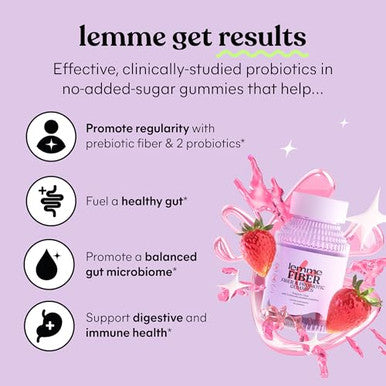 Lemme Fiber & Probiotic Gummies For Adults Promotes Regularity & Digestive Health No Sugar Added Strawberry Flavor 4G Prebiotic Fiber & Clinically Studied Probiotic Strains (60 Count)