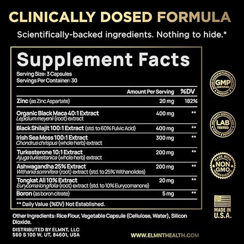 Terra Elmnt Ultra Male Premium Testosterone Booster For Men W. 100 1 Shilajit 40 1 Black Maca Ashwagandha 25 Tongkat Ali 10 - Clinical Strength Male Enhancing Testosterone Supplement For Men Health Libido