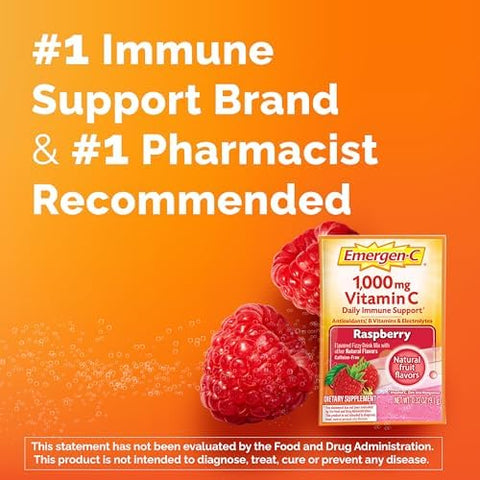 EmergenC 1000Mg Vitamin C Powder With Antioxidants B Vitamins And Electrolytes Vitamin C Supplements For Immune Support Caffeine Drink Mix Raspberry Flavor 60 Count/2 Month Supply