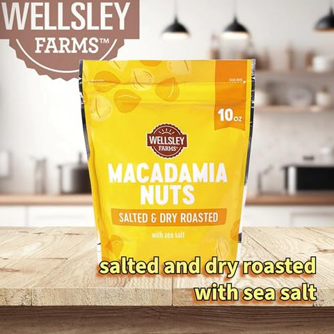 Wellsley Farms Salted & Dry Roasted Macadamia Nuts (1 Bag) Lightly Seasoned with Sea Salt 10 oz Resealable Bag Kosher KetoFriendly.